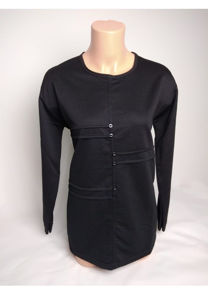 Kadın Siyah Bisiklet Yaka Düğmeli Yırtmaçlı Uzun Kollu Bilek Lastikli Iki Iplik Bluz Tişört fiyatları