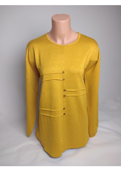 Kadın Hardal Bisiklet Yaka Düğmeli Yırtmaçlı Uzun Kollu Bilek Lastikli Iki Iplik Bluz Tişört