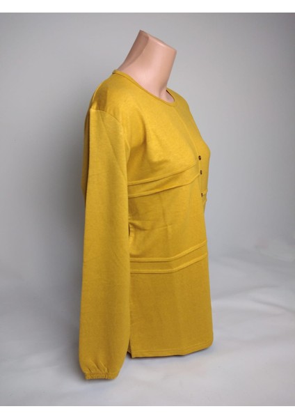 Kadın Hardal Bisiklet Yaka Düğmeli Yırtmaçlı Uzun Kollu Bilek Lastikli Iki Iplik Bluz Tişört fiyatları