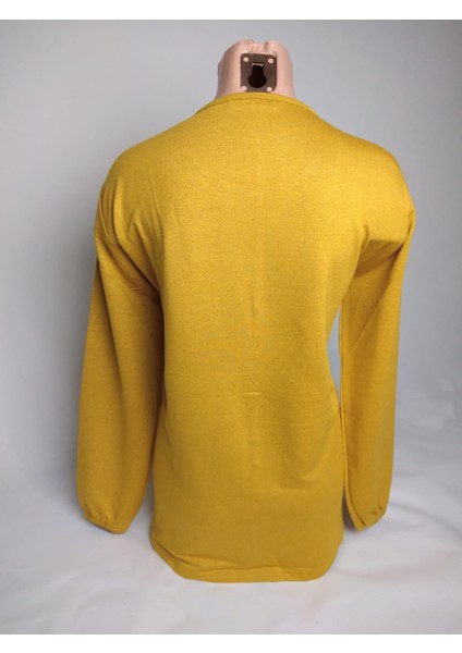 Kadın Hardal Bisiklet Yaka Düğmeli Yırtmaçlı Uzun Kollu Bilek Lastikli Iki Iplik Bluz Tişört modelleri