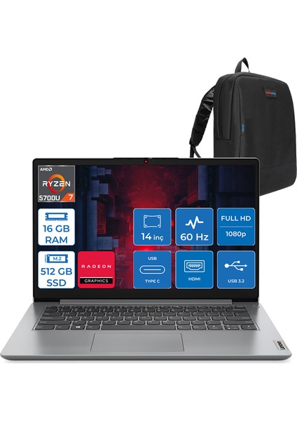 Ideapad 1 14ALC7RYZEN™ 7 5700U 16GB 512GB SSD Windows 11 Home 14" Tn Fhd L82R3007DTXH01 + Zettaçanta