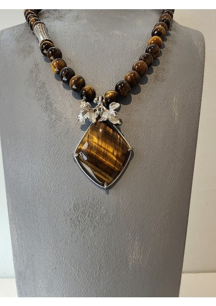 Kaplan Gözü Orjinal Doğal Taş Kadın Kolye / Başarı, Azim, Cesaret ve Denge - 45 cm Kolye Ebadı