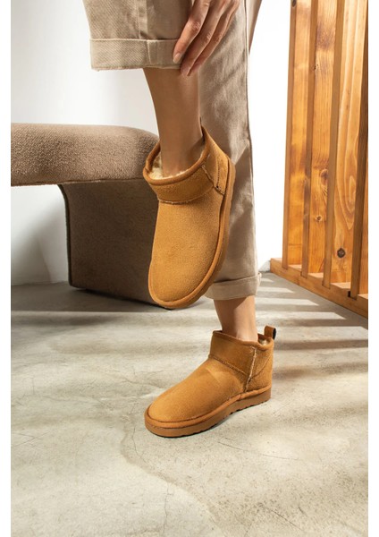 Mini Taba Süet Yarım Bot Içi Tüylü Düz Taban Kadın Ayakkabı modelleri