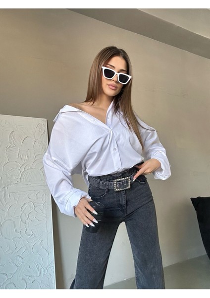 Kadın Yüksek Bel Kemer Tokalı Bel Püskül Paça Püskül Gri Kar Yıkama Likralı Palazzo Jean