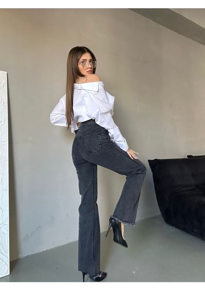 Kadın Yüksek Bel Kemer Tokalı Bel Püskül Paça Püskül Gri Kar Yıkama Likralı Palazzo Jean