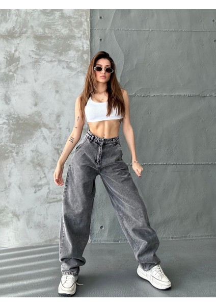 Kadın Siyah Kar Yıkama Yüksek Bel Skater Fit Bol Kesim Baggy Denim