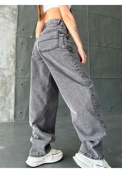Kadın Siyah Kar Yıkama Yüksek Bel Skater Fit Bol Kesim Baggy Denim fiyatları