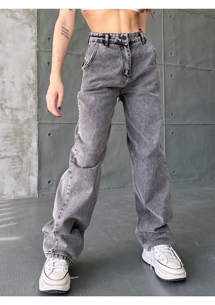 Kadın Siyah Kar Yıkama Yüksek Bel Skater Fit Bol Kesim Baggy Denim modelleri