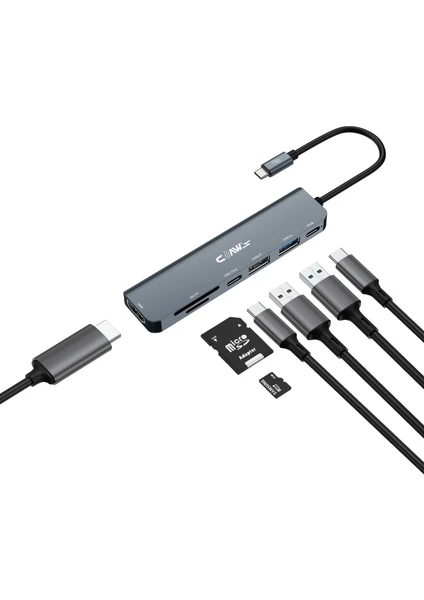 CHUB007-P 7in1 Windows & Mac 100w Hızlı Şarj - Type-C to 4K HDMI *1x USB-C 100W PD *1x USB-C Data *1x USB 3.0 5Gbps *1x USB 2.0 480 Mbps *2x TF/SD Card 7in1 Çevirici HUB Çoklayıcı