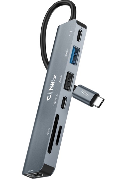 CHUB007-P 7in1 Windows & Mac 100w Hızlı Şarj - Type-C to 4K HDMI *1x USB-C 100W PD *1x USB-C Data *1x USB 3.0 5Gbps *1x USB 2.0 480 Mbps *2x TF/SD Card 7in1 Çevirici HUB Çoklayıcı