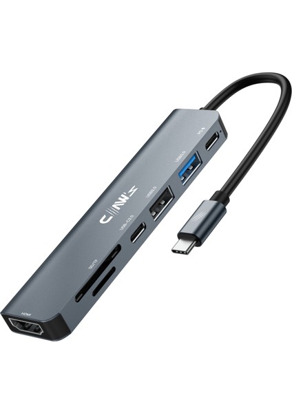 CHUB007-P 7in1 Windows & Mac 100w Hızlı Şarj - Type-C to 4K HDMI *1x USB-C 100W PD *1x USB-C Data *1x USB 3.0 5Gbps *1x USB 2.0 480 Mbps *2x TF/SD Card 7in1 Çevirici HUB Çoklayıcı