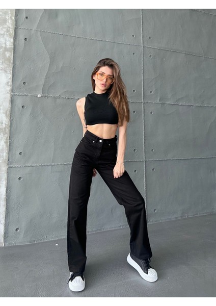 Kadın Siyah Yüksek Bel Wide Leg Geniş Paça Palazzo Kot Pantolon