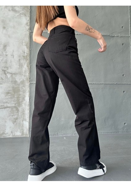 Kadın Siyah Yüksek Bel Wide Leg Geniş Paça Palazzo Kot Pantolon