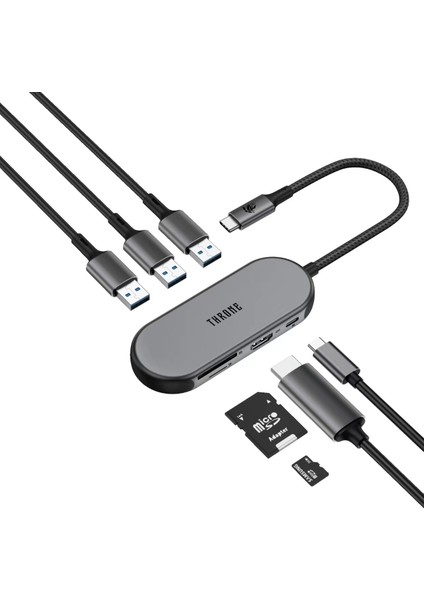 CHUB007-A Windows & Mac Uyumlu 100w Hızlı Şarj Özellikli Type-C to 4K HDMI *1x USB-C 100W PD *3x USB-A 3.0 5Gbps *2x TF/SD Card 7in1 Örgü Kablolu Çevirici HUB Çoklayıcı