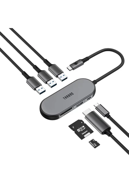 CHUB007-A Windows & Mac Uyumlu 100w Hızlı Şarj Özellikli Type-C to 4K HDMI *1x USB-C 100W PD  *3x USB-A 3.0 5Gbps *2x TF/SD Card 7in1 Örgü Kablolu Çevirici HUB Çoklayıcı