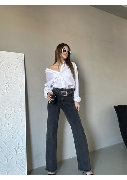 Kadın Yüksek Bel Kemerli Bel Püskül Paça Püskül Siyah Kar Yıkama Likralı Palazzo Jean