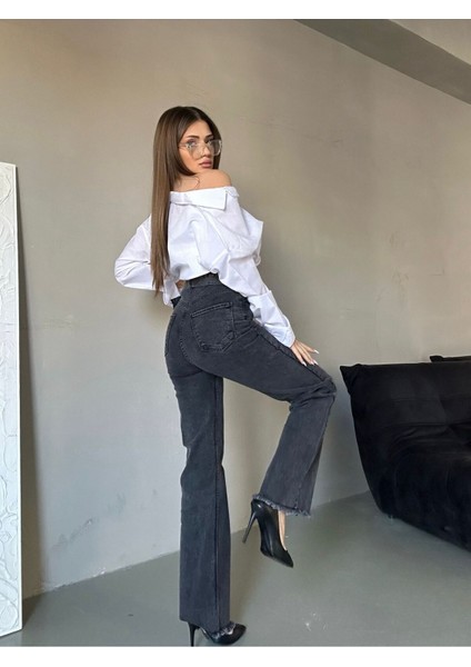 Kadın Yüksek Bel Kemerli Bel Püskül Paça Püskül Siyah Kar Yıkama Likralı Palazzo Jean