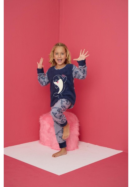 4177 Mavi Polar Uzun Kollu Kız Çocuk Pijama Takımı