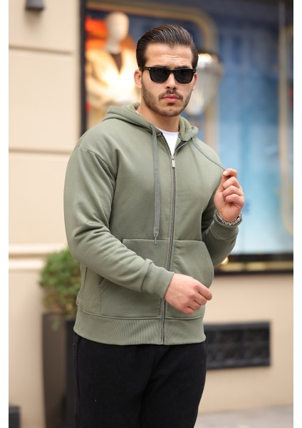 Içi Peluş Üç Ip Kumaş Oversize Fermuarlı Kapüşonlu Sweatshirt- Avcı Yeşili