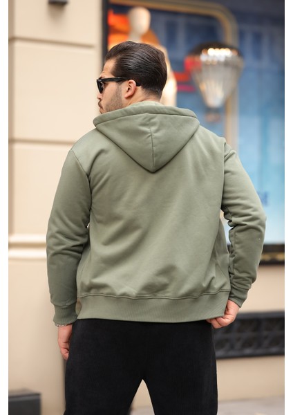 Içi Peluş Üç Ip Kumaş Oversize Fermuarlı Kapüşonlu Sweatshirt- Avcı Yeşili