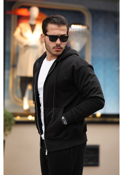 İçi Peluş Üç İp Kumaş Oversize Fermuarlı Kapüşonlu Sweatshirt- Siyah