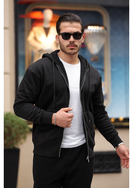 İçi Peluş Üç İp Kumaş Oversize Fermuarlı Kapüşonlu Sweatshirt- Siyah