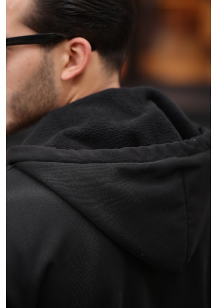 İçi Peluş Üç İp Kumaş Oversize Fermuarlı Kapüşonlu Sweatshirt- Siyah