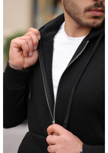 İçi Peluş Üç İp Kumaş Oversize Fermuarlı Kapüşonlu Sweatshirt- Siyah