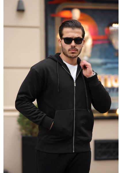İçi Peluş Üç İp Kumaş Oversize Fermuarlı Kapüşonlu Sweatshirt- Siyah