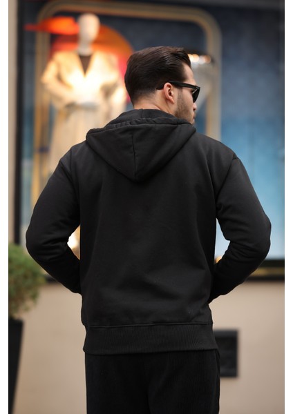 İçi Peluş Üç İp Kumaş Oversize Fermuarlı Kapüşonlu Sweatshirt- Siyah