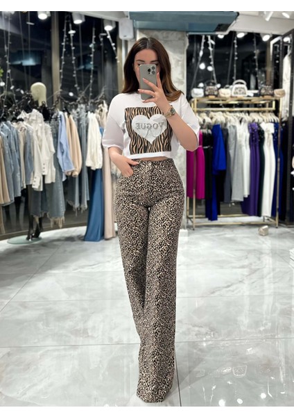 Leon Leopar Desenli Geniş Paça Yüksek Bel Kot Pantolon-Leopar