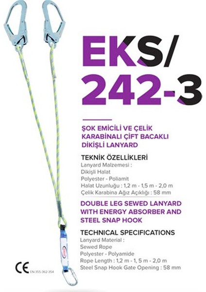 EKS 242-3 ŞOK EMİCİLİ VE ÇELİK KARABİNALI ÇİFT BACAKLI DİKİŞLİ LANYARD