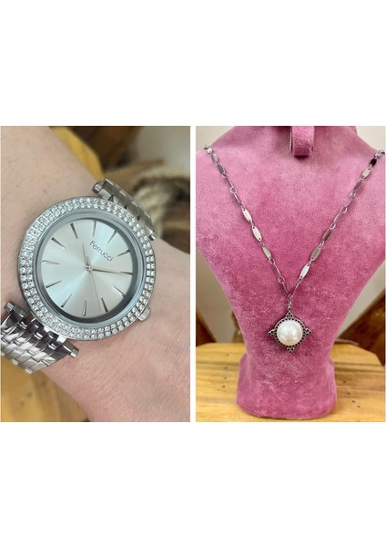 Silver Çelik Büyük Kasalı Kadın Kol SAATI+%100 Çelik Kolye Hediye Set modelleri
