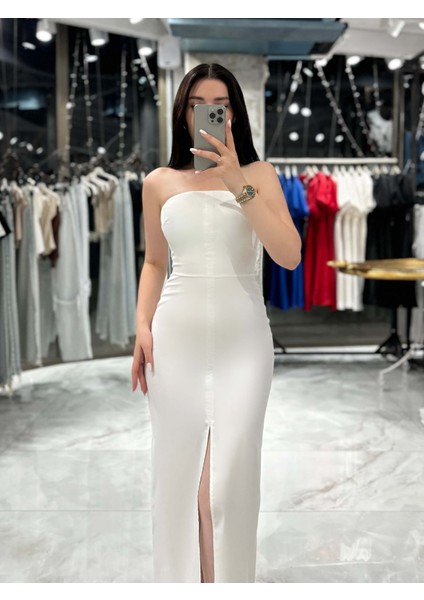 Freya Straplez Yırtmaçlı Elbise Beyaz
