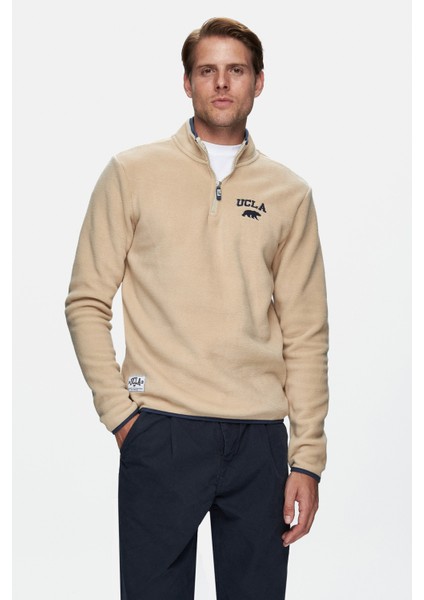 Cornıng Koyu Bej Yarım Fermuarlı Nakışlı Polar Standard Fit Erkek Sweatshirt