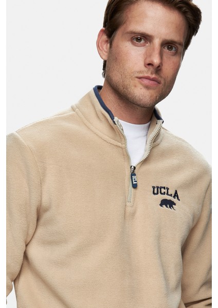 Cornıng Koyu Bej Yarım Fermuarlı Nakışlı Polar Standard Fit Erkek Sweatshirt fiyatları
