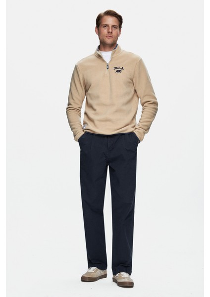 Cornıng Koyu Bej Yarım Fermuarlı Nakışlı Polar Standard Fit Erkek Sweatshirt fırsatları
