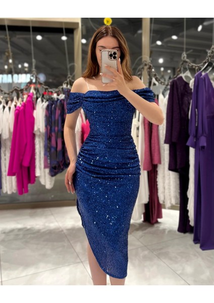 Liana Degaje Yaka Midi Elbise Saks Mavi