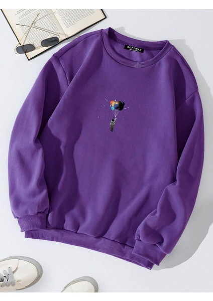 Oversize Bisiklet Yaka Basic Balloon Astronaut Baskılı Sweatshirt - Mor