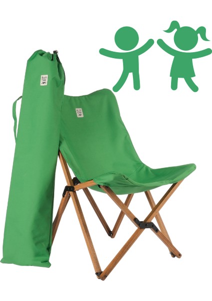 KIDS Ahşap Katlanır Kamp & Bahçe Sandalyesi – Kahverengi Iskelet - Yeşil Kılıf