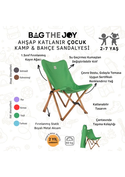 KIDS Ahşap Katlanır Kamp & Bahçe Sandalyesi – Kahverengi Iskelet - Yeşil Kılıf fırsatları