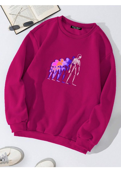 Oversize Bisiklet Yaka Basic Colorful Skeleton Baskılı Sweatshirt - Fuşya