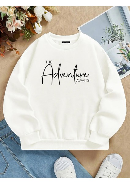 Oversize Bisiklet Yaka Basic Adventure Baskılı Sweatshirt - Ekru