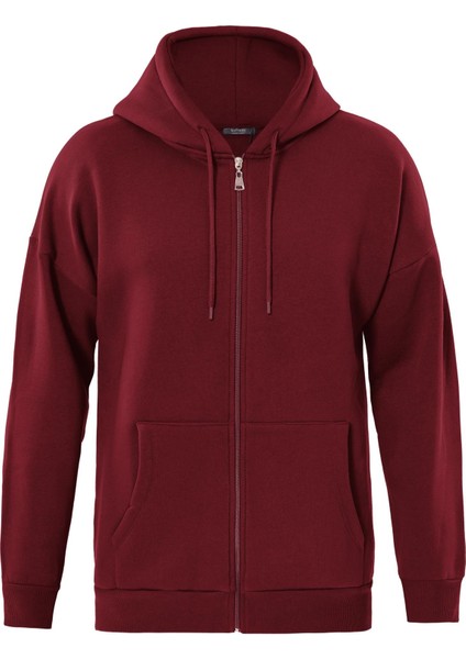 Fermuarlı Kapüşonlu Oversize Sweatshirt - Bordo