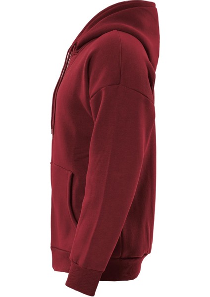 Fermuarlı Kapüşonlu Oversize Sweatshirt - Bordo modelleri