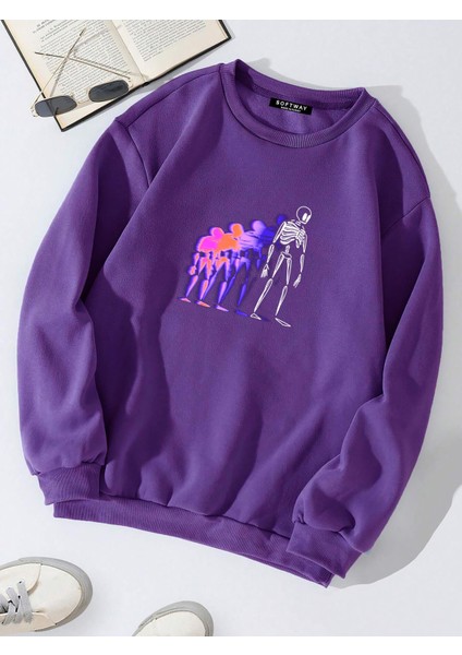 Oversize Bisiklet Yaka Basic Colorful Skeleton Baskılı Sweatshirt - Mor