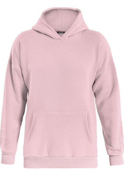 Basic Düz Renk Kapüşonlu Içi Yumuşak Polarlı Oversize Sweatshirt - Pembe