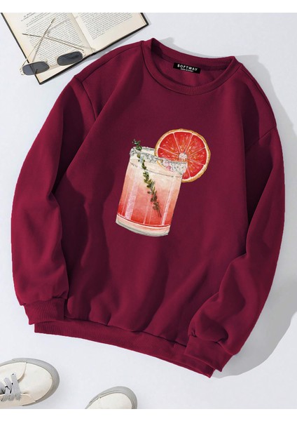Oversize Bisiklet Yaka Basic Orange Cocktail Baskılı Sweatshirt - Bordo