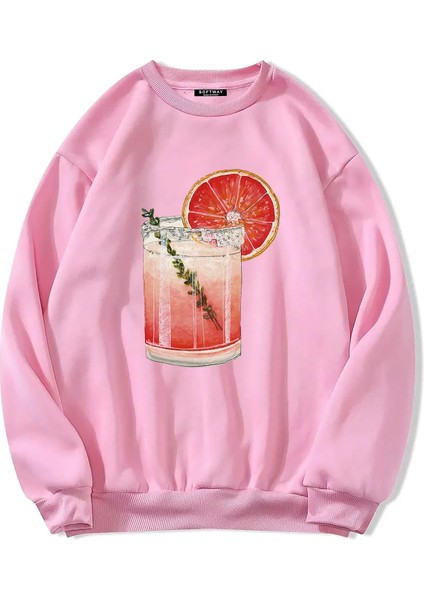 Oversize Bisiklet Yaka Basic Orange Cocktail Baskılı Sweatshirt - Pembe