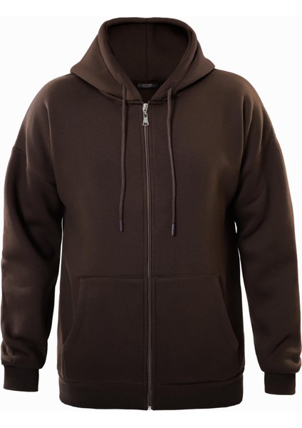 Fermuarlı Kapüşonlu Oversize Sweatshirt - Kahverengi